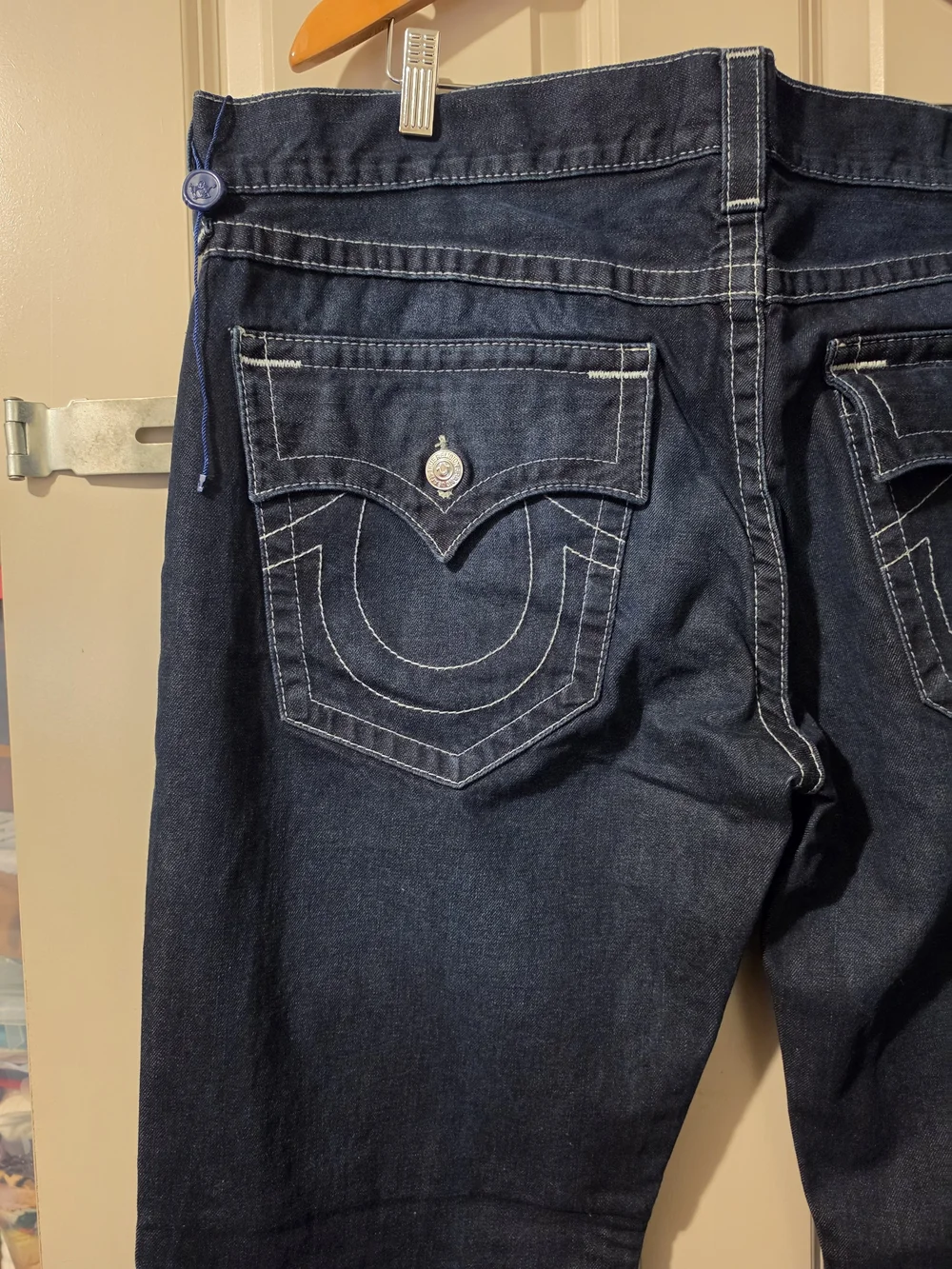 True Religion Men’s Dark Blue Bootcut Jeans with Contrast Stitching